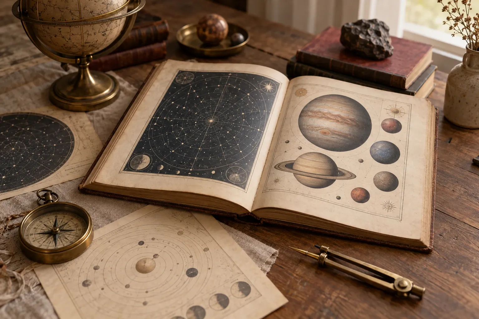 Opengeklapt sterrenkundig boek met planetenillustraties en astrologische kaarten op houten tafel