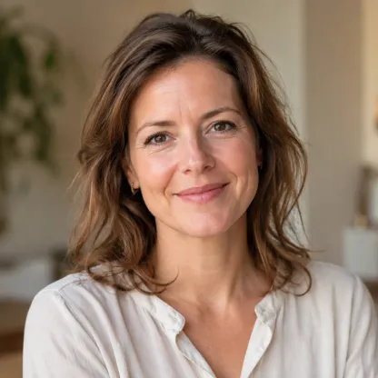 Portret van een vrouw met schouderlang bruin haar en een crèmekleurige blouse