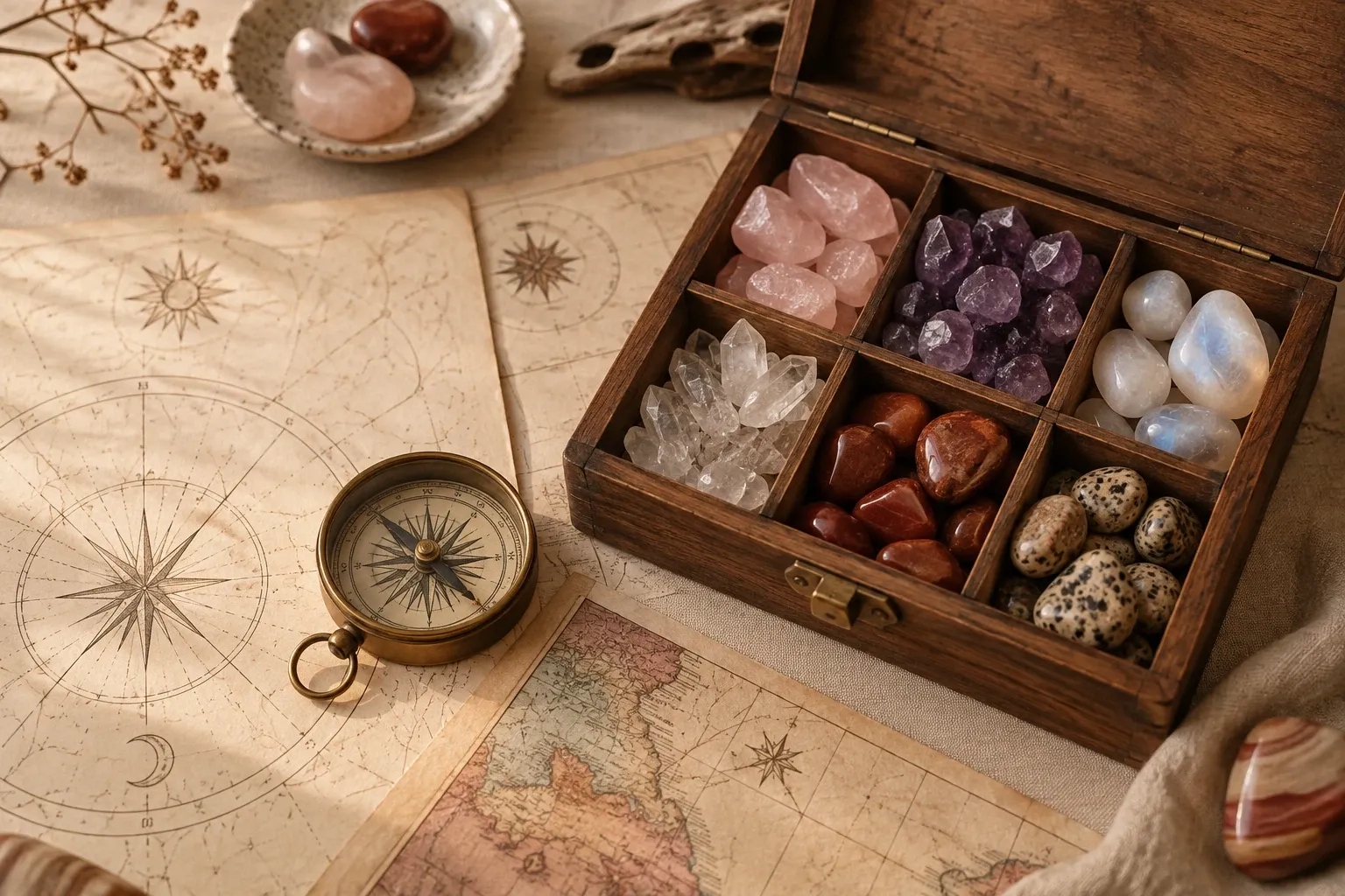 Houten doos met verschillende edelstenen (roze kwarts, amethist, bergkristal, jaspis) naast kompas and kaart