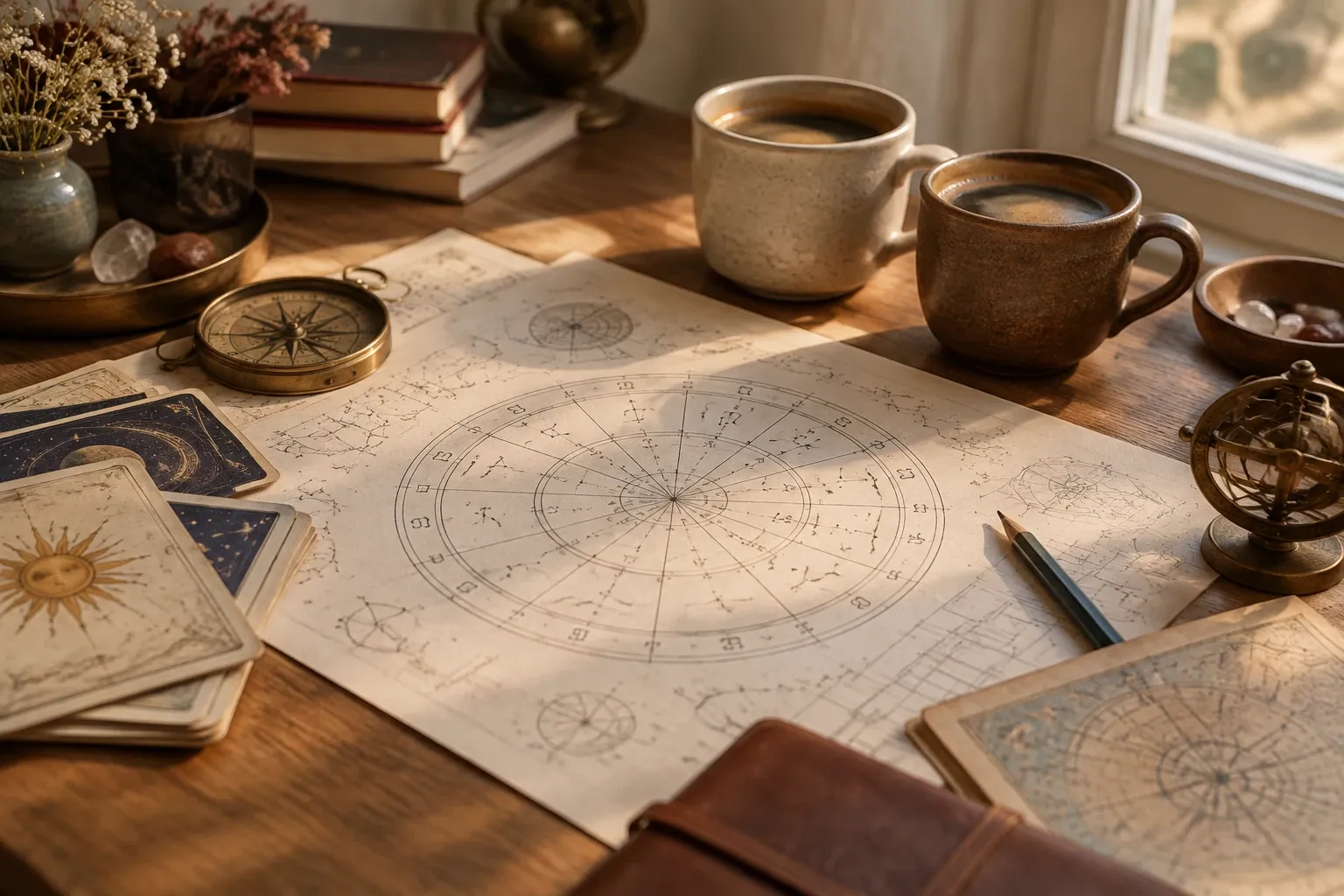 Astrologische geboortehoroscoop op tafel met tarotkaarten, kompas, potloden en twee kopjes koffie