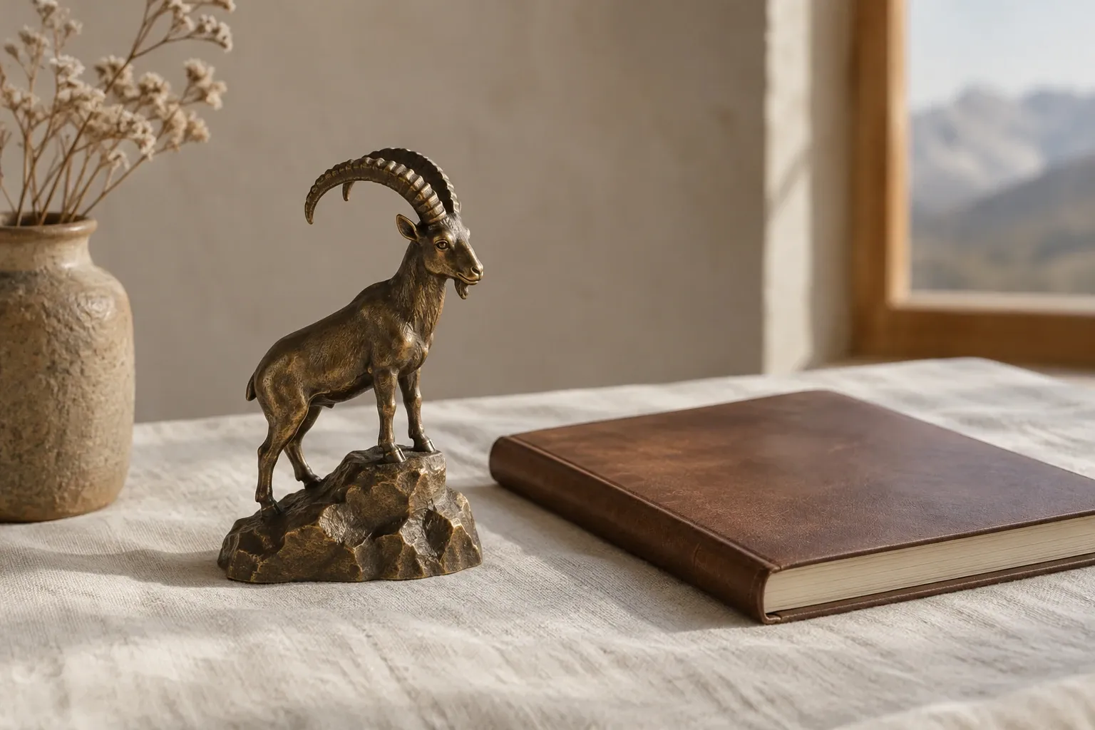 Bronzen beeldje van een steenbok op rots naast leren notitieboek en vaas met droogbloemen