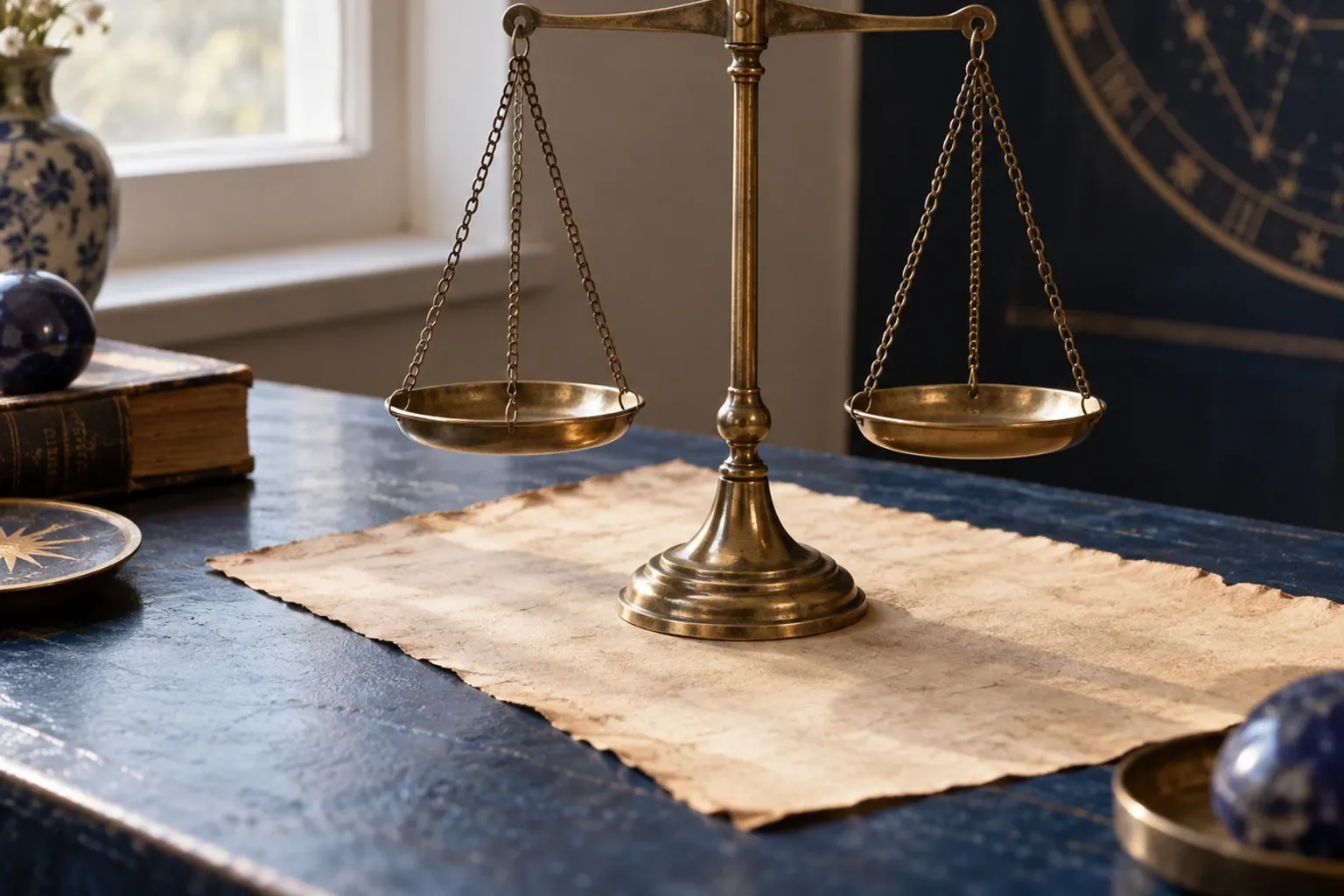 Gouden balansweegschaal op oud papier op donkerblauw bureau bij raam