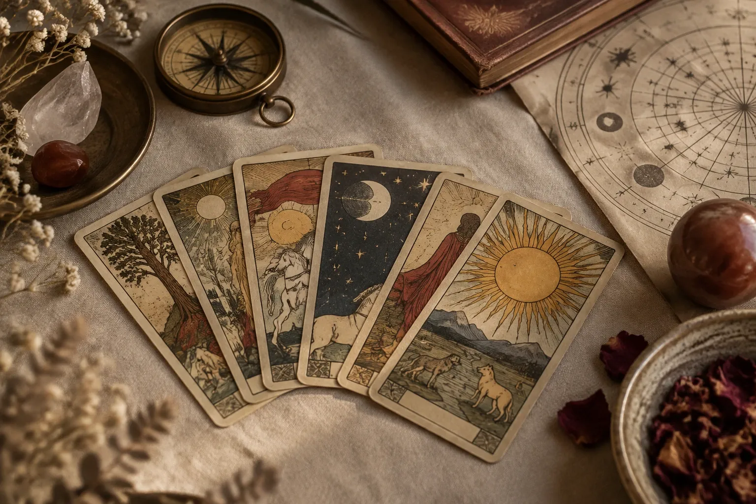 Vijf tarotkaarten uitgespreid op doek, omringd door kompas, kristallen en gedroogde bloemen
